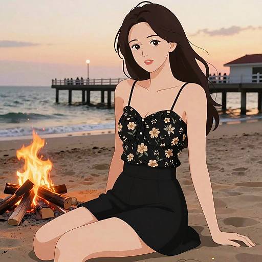 Digital anime-style drawing of a woman with long black hair, wearing a black floral dress, sitting by a beach fire at sunset, with a pier and