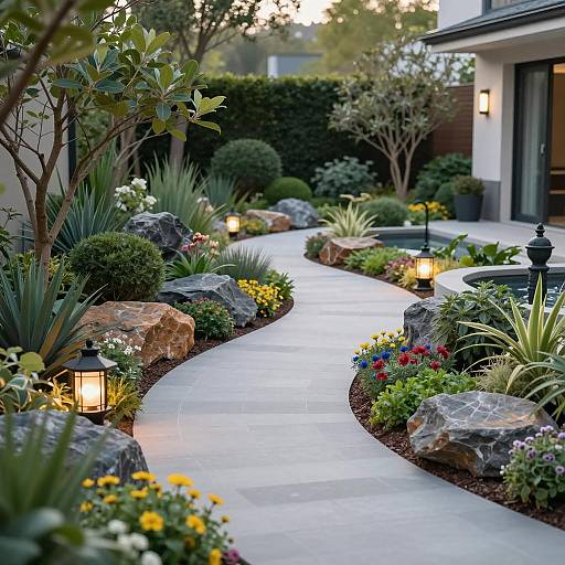 Modern Garden Pathway with Decorative Plants and Lighting