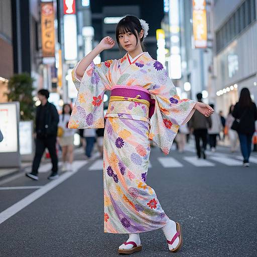 Photograph of an Asian woman in a colorful floral kimono with a purple obi, white hairpin, and red geta sandals, dancing on