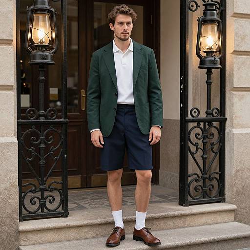 Photograph of a handsome man with short brown hair, wearing a green blazer, white shirt, black shorts, white socks, brown loafers,