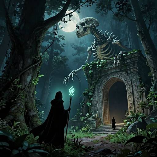 Digital fantasy art: Silhouetted robed figure with glowing staff confronts towering skeletal creature under full moon, ancient stone archway in foggy
