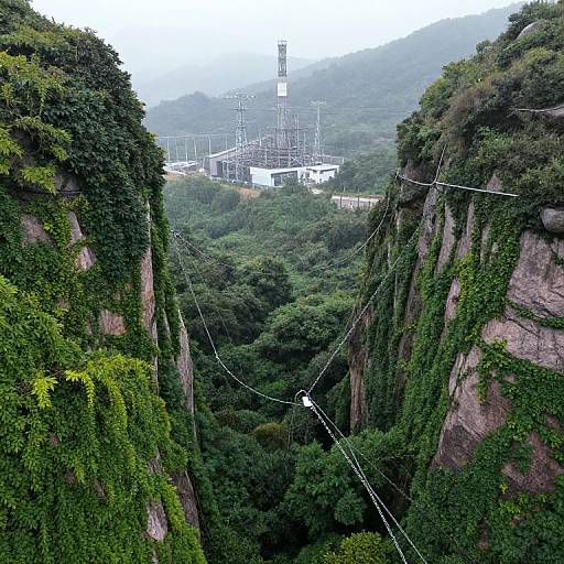 Photograph of a dense, green valley with steep, rocky cliffs covered in vines, framed by overhead power lines, leading to a white electrical substation