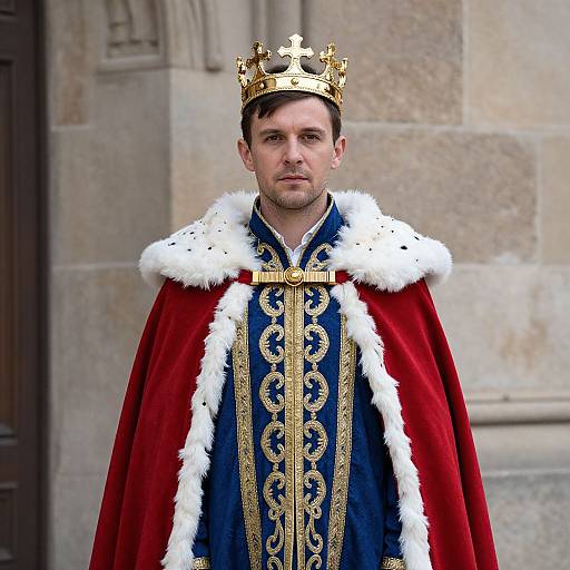 Photograph of a serious-looking man with short brown hair, wearing a gold crown, red velvet robe with white fur trim, and blue embroidered robe,