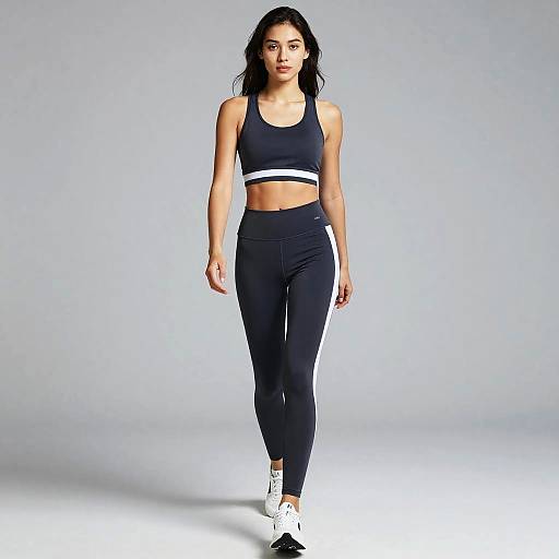 Photograph of a fit woman with long black hair, wearing a black sports bra and high-waisted black leggings with white stripes, walking on a