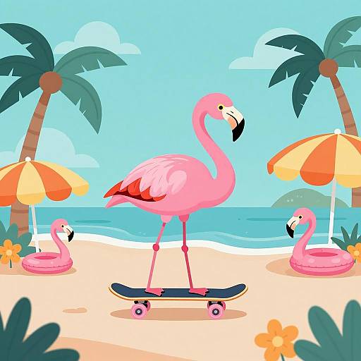 Playful Flamingo Skateboarding at the Beach