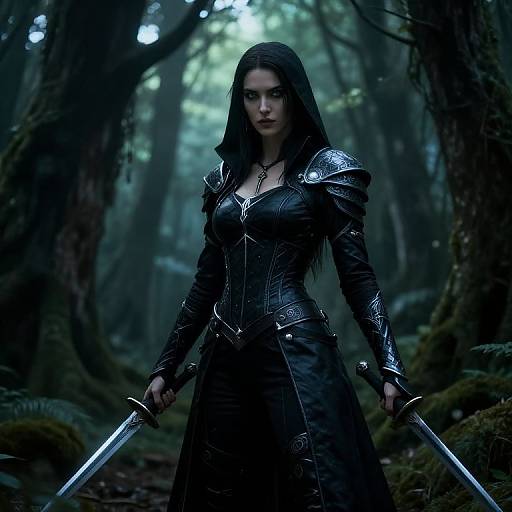 Dark forest photograph of a fierce, dark-haired woman in black, armored leather, holding two swords, intense expression, shadowy, mystical ambiance.