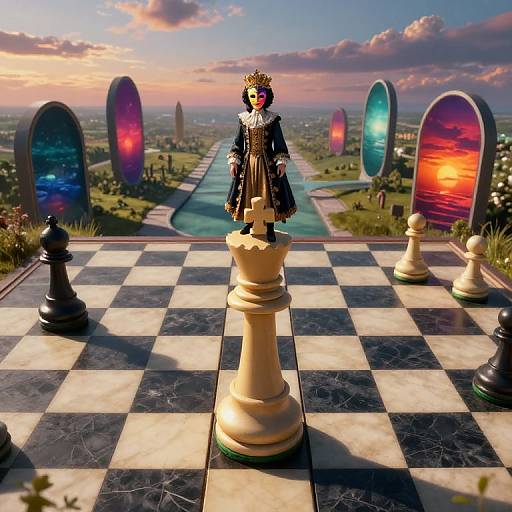 Photorealistic CGI of a crowned doll on a giant chess piece, standing on a checkered board with glowing, colorful tombstones in a sunset-l