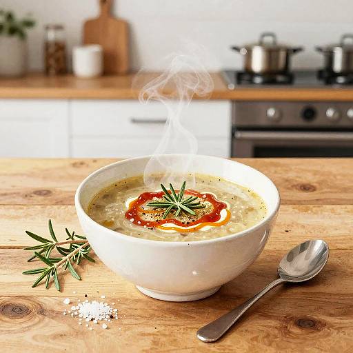 Photograph of a steaming bowl of soup with a rosemary garnish, red pepper ring, and spoon on a wooden table. Background: blurred