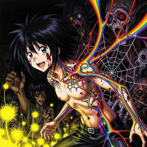 Digital anime-style illustration: Topless, black-haired, bloodied, rainbow-wired girl with spider web, smiling, surrounded by dark, menacing creatures