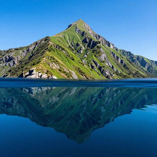 Photograph of a green, rocky mountain reflected in a calm, blue lake under a clear, bright blue sky.