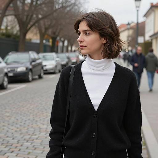Woman in Black Cardigan on Cobblestone Street