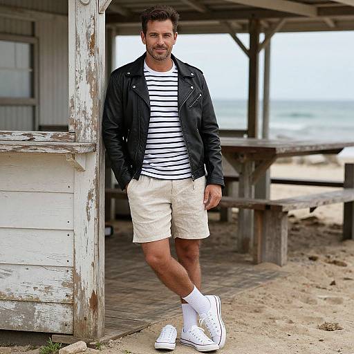 Photograph of a bearded man in a black leather jacket, white and black striped shirt, beige shorts, white socks, and white sneakers, leaning
