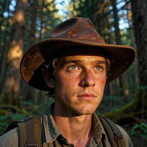 Photograph of a rugged, fair-skinned man with green eyes, wearing a dusty brown hat and backpack, standing in a sunlit forest.