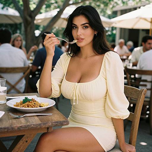 Photograph of a curvy woman with long black hair, tan skin, wearing a white, low-cut dress, eating spaghetti outdoors in a sunny,