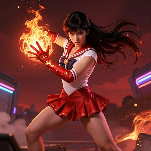 Digital art of a fierce anime-style female warrior in a red sailor uniform, wielding a fiery orb, with neon-lit cityscape background and flames.