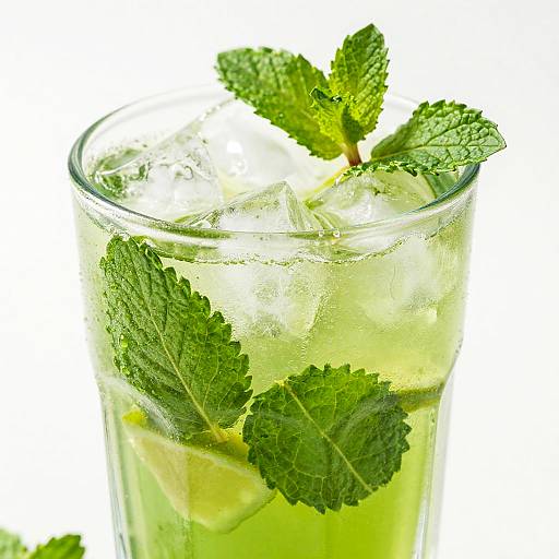 Photograph of a clear glass filled with ice, green mint leaves, and lemon slices, set against a white background.