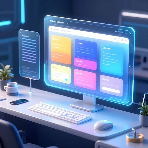 Photograph of a futuristic, glowing blue-lit desk with a high-tech monitor displaying colorful app icons, keyboard, mouse, and small plants.