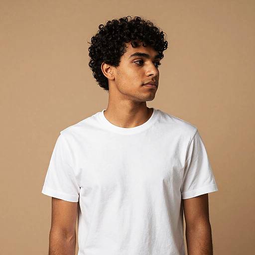 Photograph of a young man with curly black hair, medium brown skin, and a lean build, wearing a plain white t-shirt, against a beige