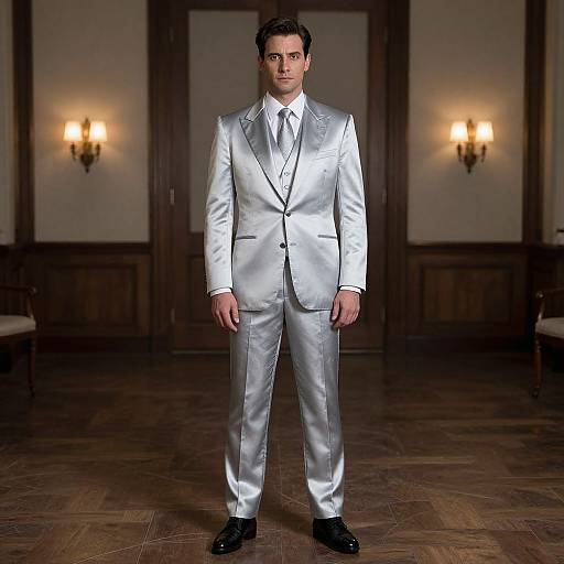 Photograph of a serious man in a shiny silver suit, white shirt, and black tie, standing in a dimly lit, elegant room with wooden