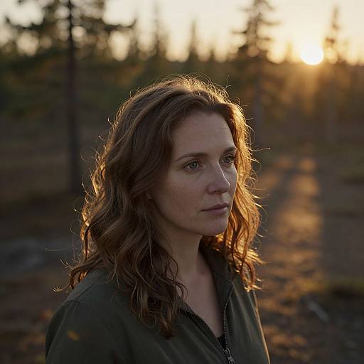 Photograph of a pensive woman with wavy brown hair, wearing a green jacket, standing in a sunlit forest at sunset.