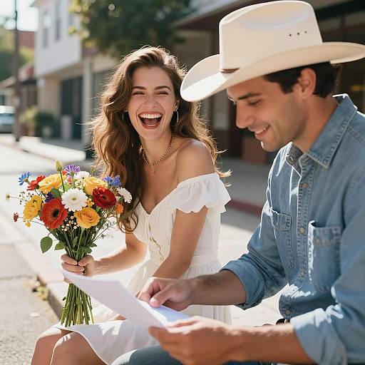 Happy Couple Sitting Outdoors with Flowers and Letter