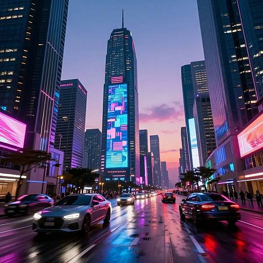 Photograph of a vibrant, neon-lit city street at dusk, with tall skyscrapers, colorful digital billboards, and cars driving on a