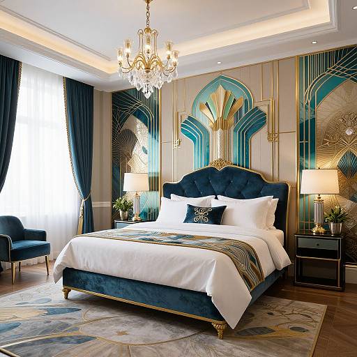 Luxurious bedroom photograph featuring a blue velvet bed with gold accents, ornate teal and gold wall paneling, chandelier, dark curtains, and elegant