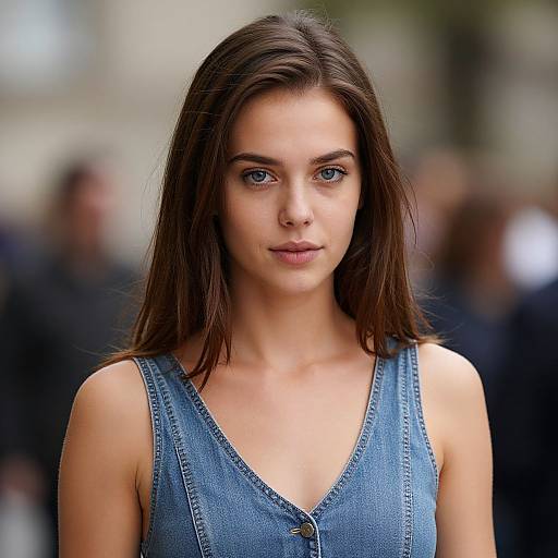 Photograph of a young white woman with long brown hair, blue eyes, and wearing a sleeveless blue denim dress, standing in a blurred outdoor crowd