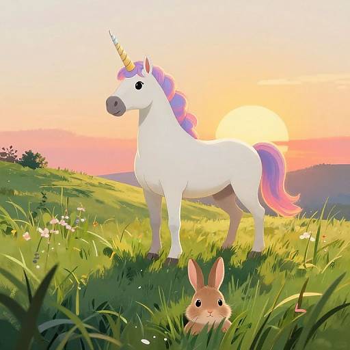 Digital illustration of a white unicorn with a pink and purple mane standing in a sunny meadow at sunset, with a brown rabbit in the foreground.