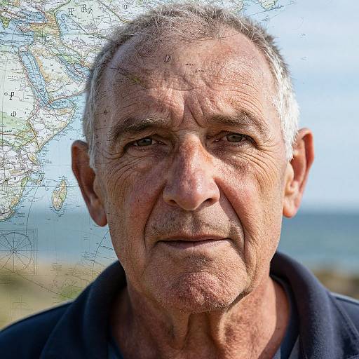 Photograph of an elderly man with wrinkled skin, white hair, and deep wrinkles, wearing a dark shirt, overlaid with a detailed map.
