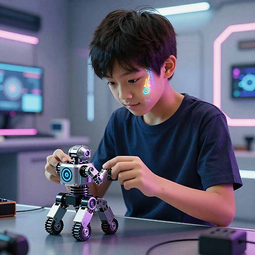 Japanese Boy with Futuristic Robot Toy