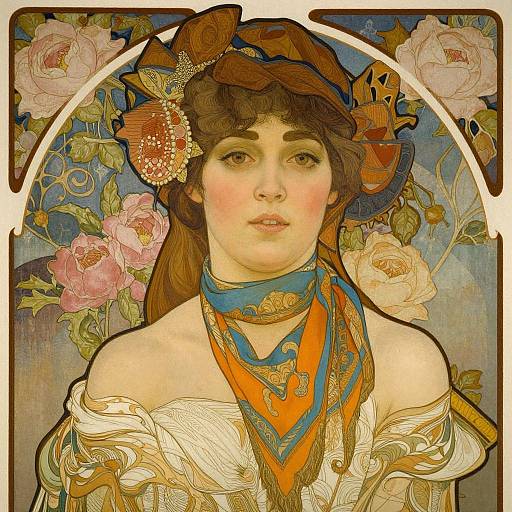 Art Nouveau portrait of a fair-skinned woman with brown hair, wearing an ornate hat, blue and orange scarf, off-shoulder white