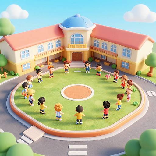 CGI image of colorful cartoon children playing in a circular grassy area in front of a yellow and red school building with a blue dome. Bright,