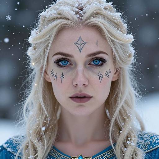 Photograph of a blonde woman with striking blue eyes, snow on her hair, and black geometric tattoos on her cheeks, wearing a blue, snow-d
