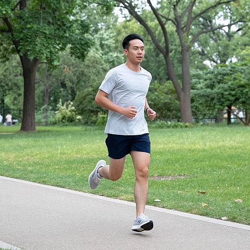 Photograph of an Asian man jogging in a lush green park, wearing a white t-shirt, black shorts, white sneakers, and short black hair.