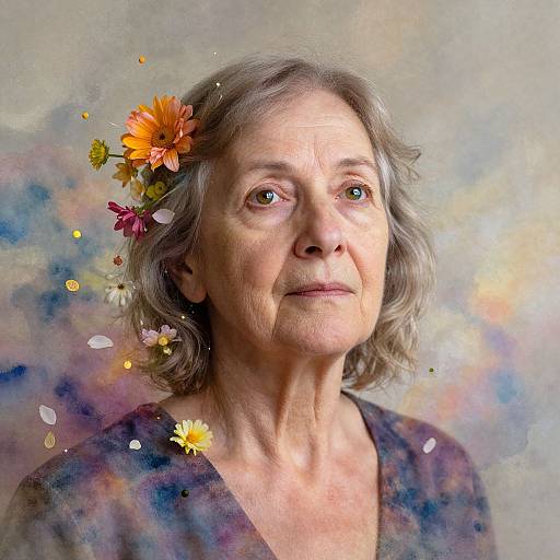 Photograph of an elderly woman with short gray hair, wearing a floral headpiece and purple top, against a colorful, abstract background.