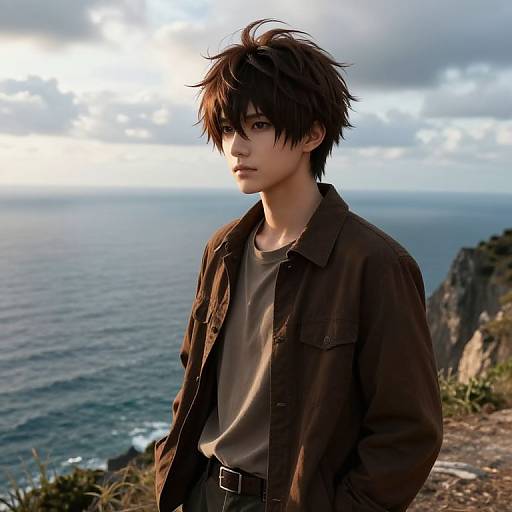 Photograph of a young, androgynous man with messy brown hair, wearing a brown jacket over a beige shirt, standing by a cliff overlooking