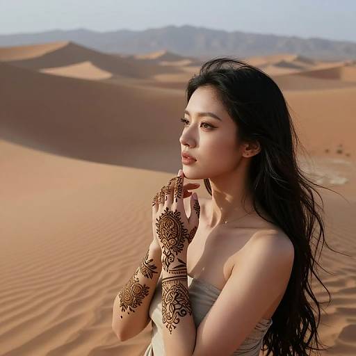 Photograph of an Asian woman with long black hair, intricate henna designs on her hands, standing in a vast desert with sand dunes under a
