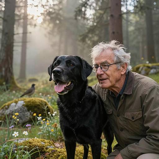 Elderly Man with Black Labrador in Misty Forest