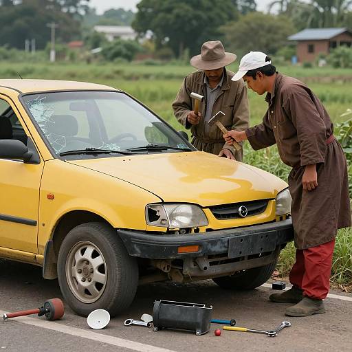 Men Repairing Yellow Car on Rural Road