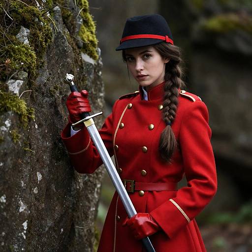 Warrior Woman in Red Military Attire
