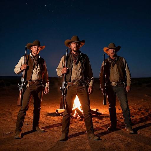 Photograph of three rugged, bearded men in cowboy hats and vests standing around a campfire at night, holding rifles, under a starry sky