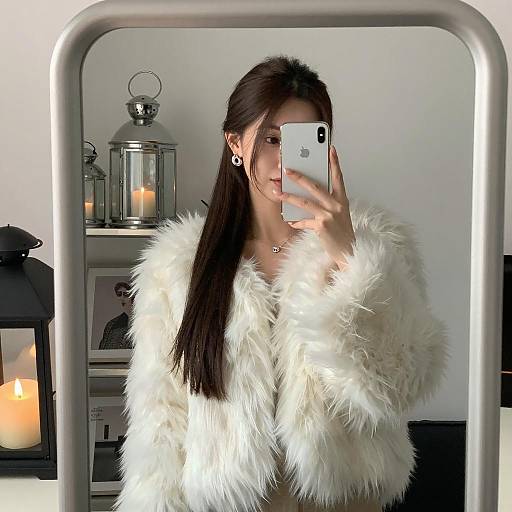 Woman in white fur sweater taking mirror selfie
