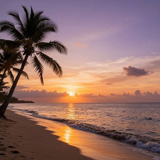 Photograph of a tropical beach at sunset, featuring silhouetted palm trees, vibrant orange and purple sky, and reflective ocean waves.