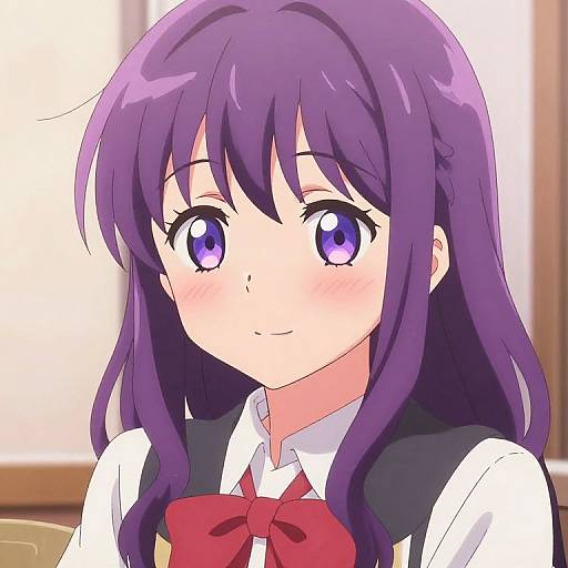 Anime-style digital drawing of a cute girl with long purple hair, large purple eyes, and a red bowtie, smiling softly.