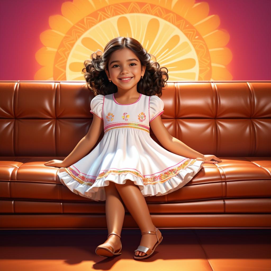 Joyful Hispanic Girl on Leather Sofa