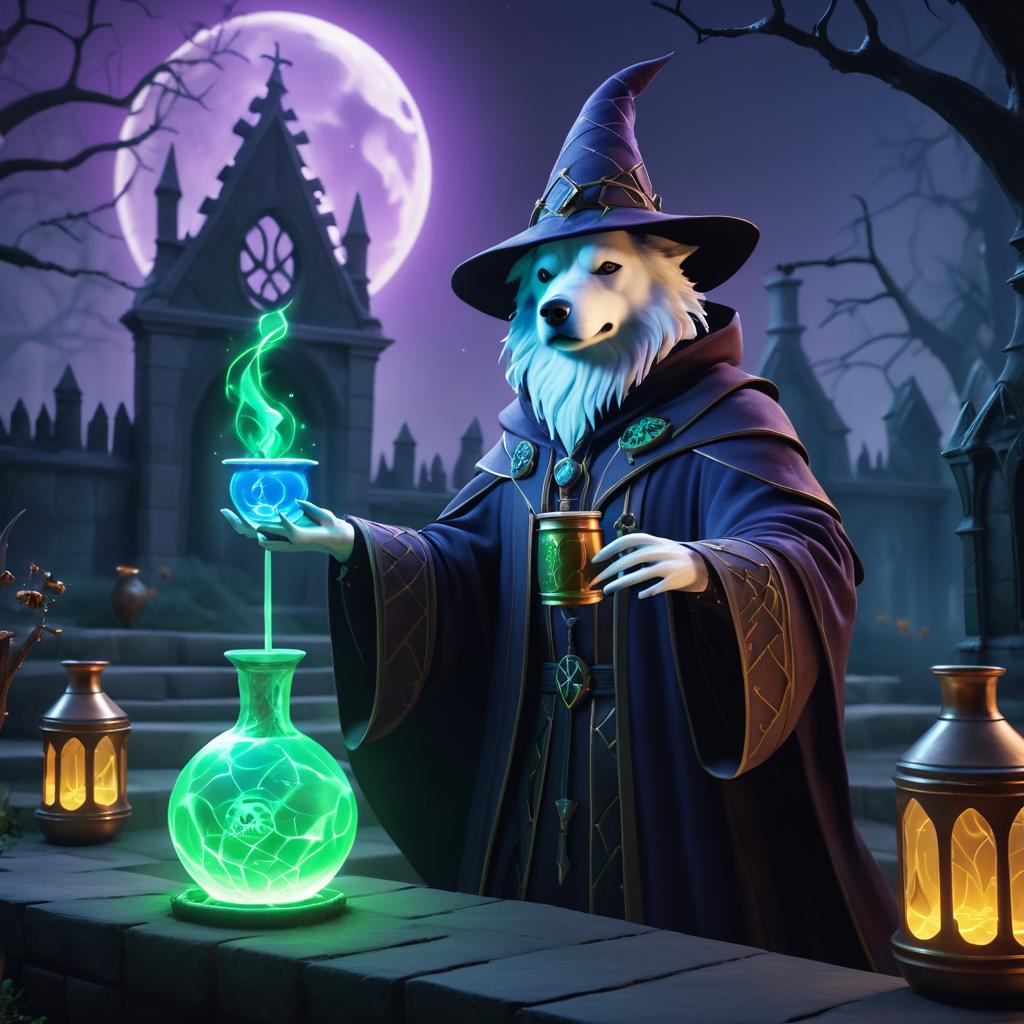 Wizard Dog Brewing Potion in Graveyard