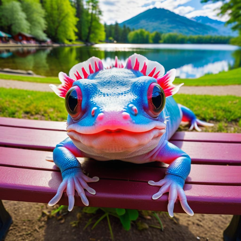 Whimsical Axolotl on a Colorful Bench