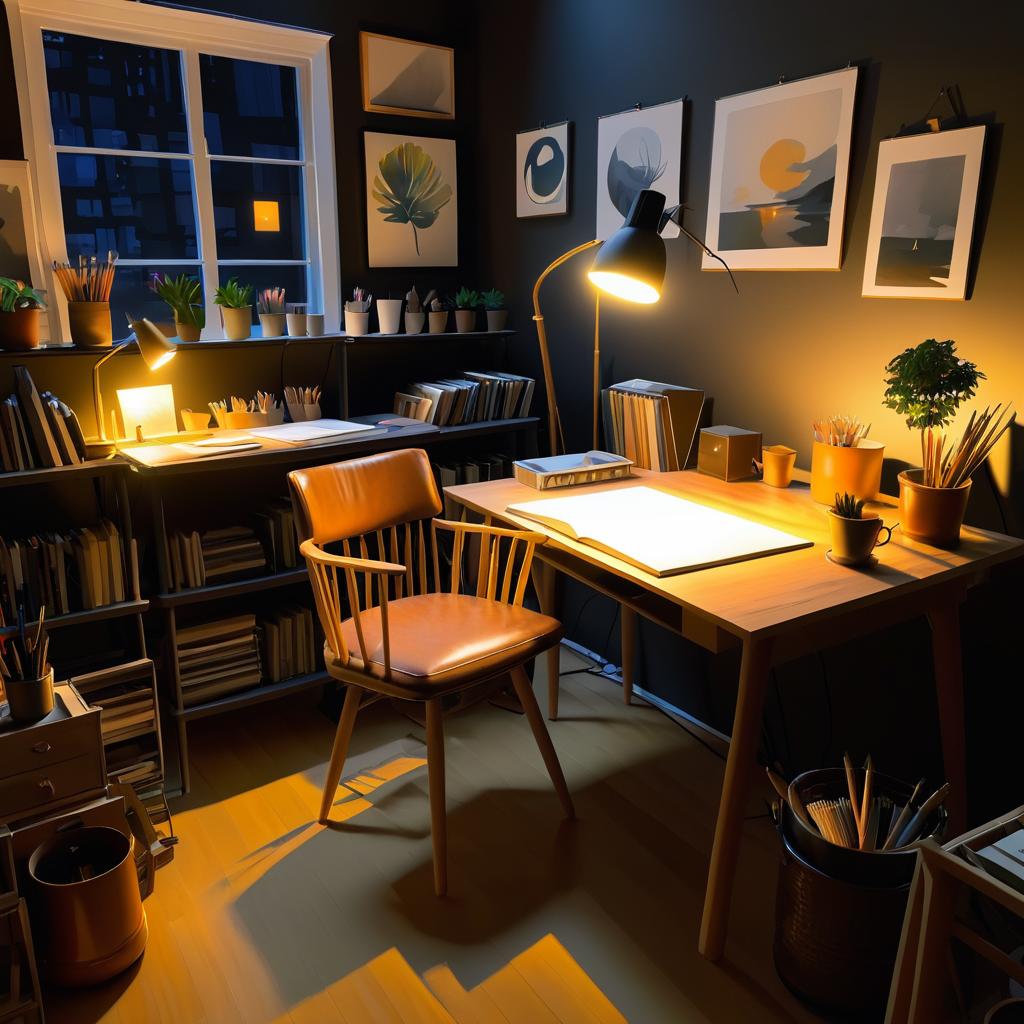 Cozy Nighttime Art Studio Scene