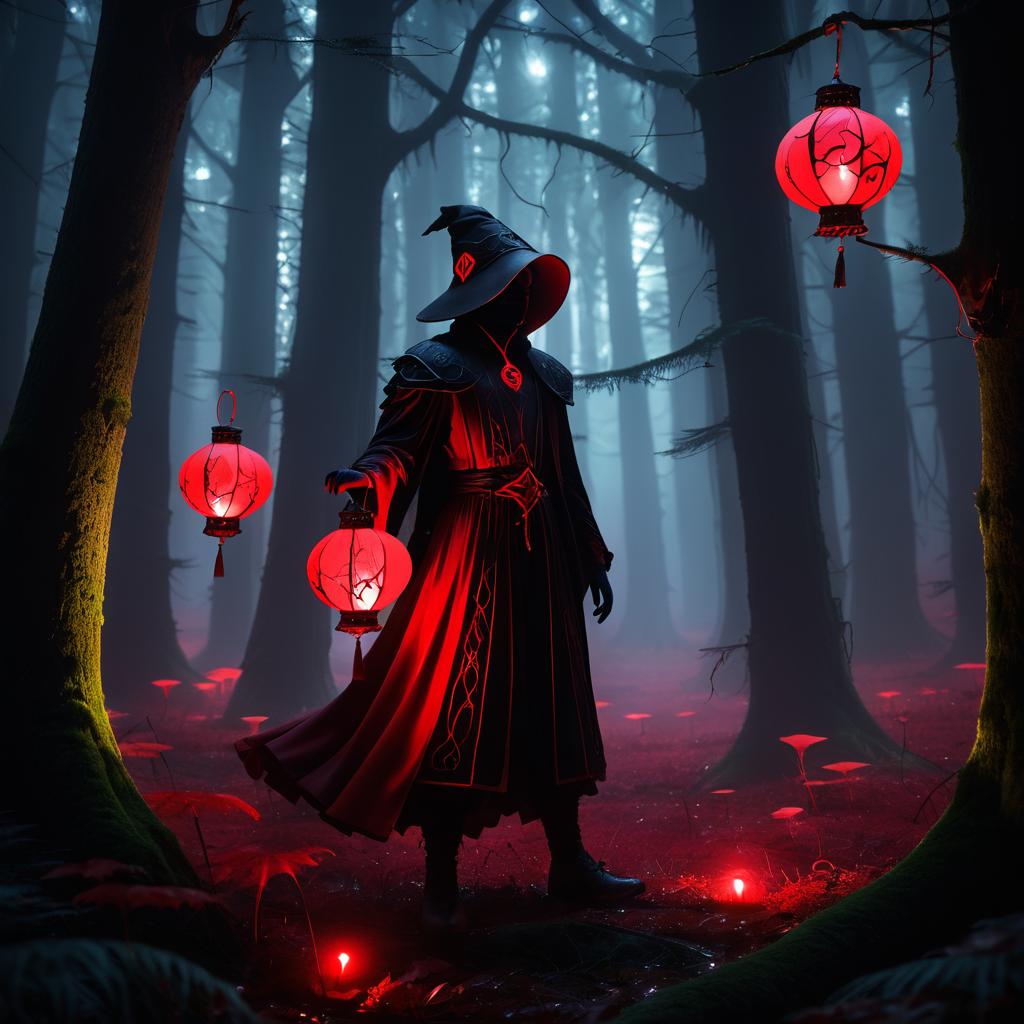 Crimson Lantern in the Enchanted Forest